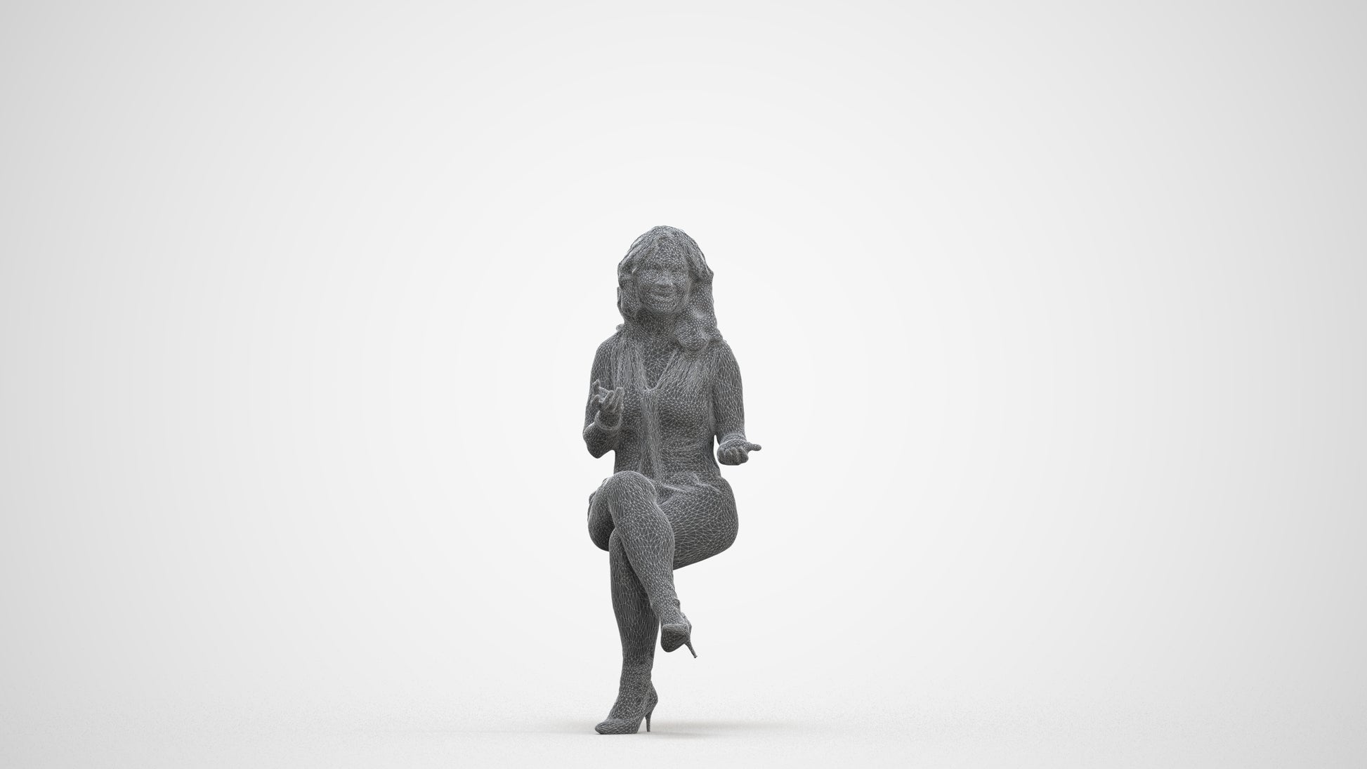 3D human model woman casual sitting, photogrammetry scanned person for archviz, three-quarter front view render