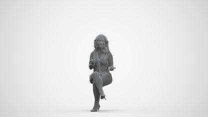 3D human model woman casual sitting, photogrammetry scanned person for archviz, three-quarter front view render