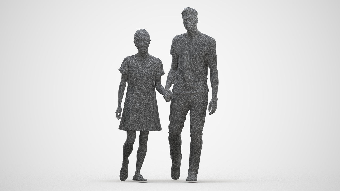 3D human model woman casual couple, photogrammetry scanned person for archviz, three-quarter front view render
