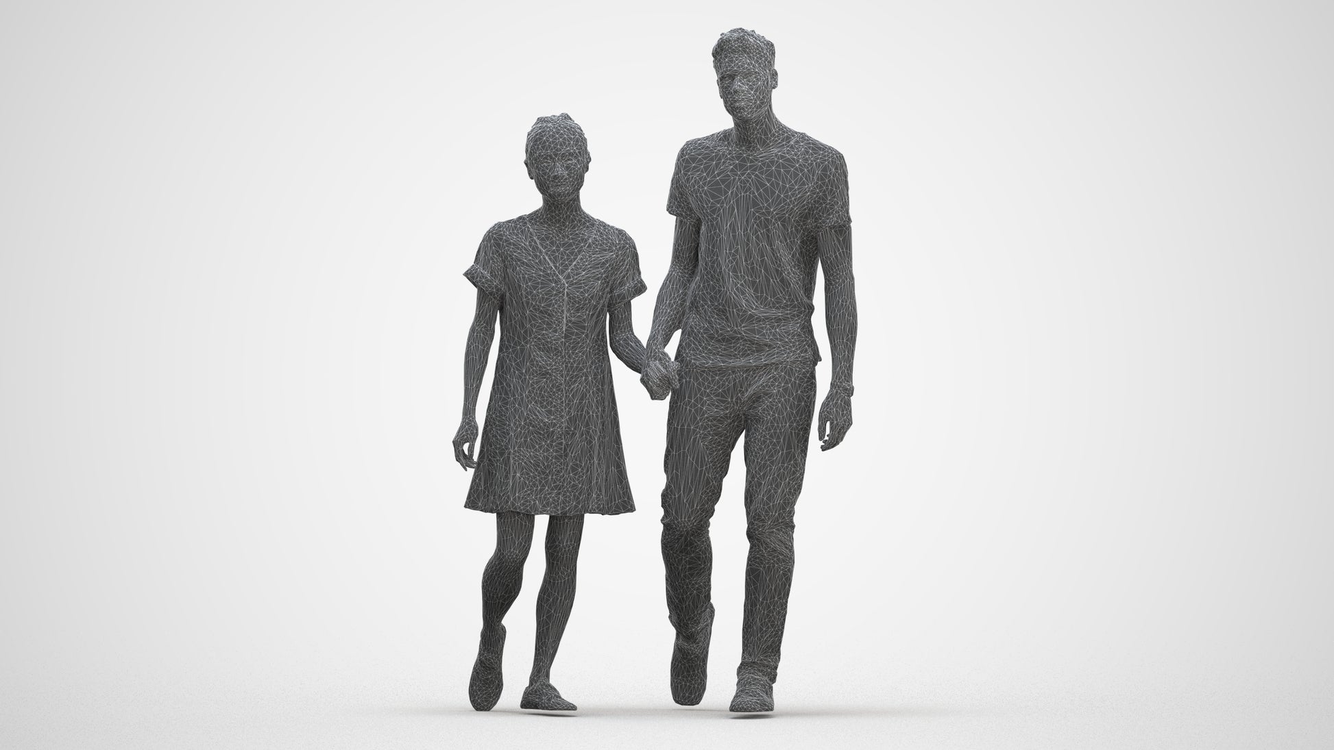 3D human model woman casual couple, photogrammetry scanned person for archviz, three-quarter front view render