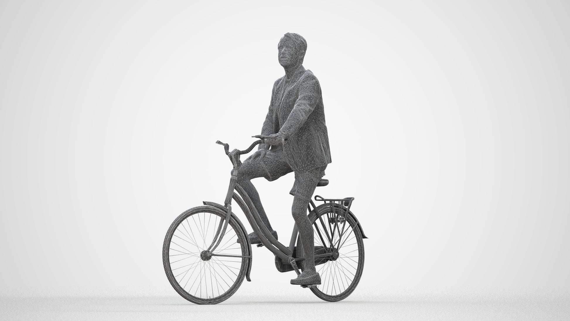 3D scanned man cycling business, photorealistic archviz people for Enscape and SketchUp, wireframe back view