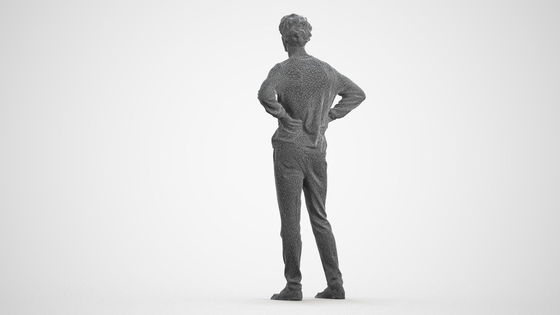 3D human model man casual standing, photogrammetry scanned person for archviz, wireframe front view