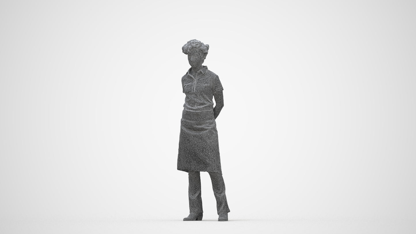 3D scanned woman standing, photorealistic archviz people for Enscape and SketchUp, wireframe back view