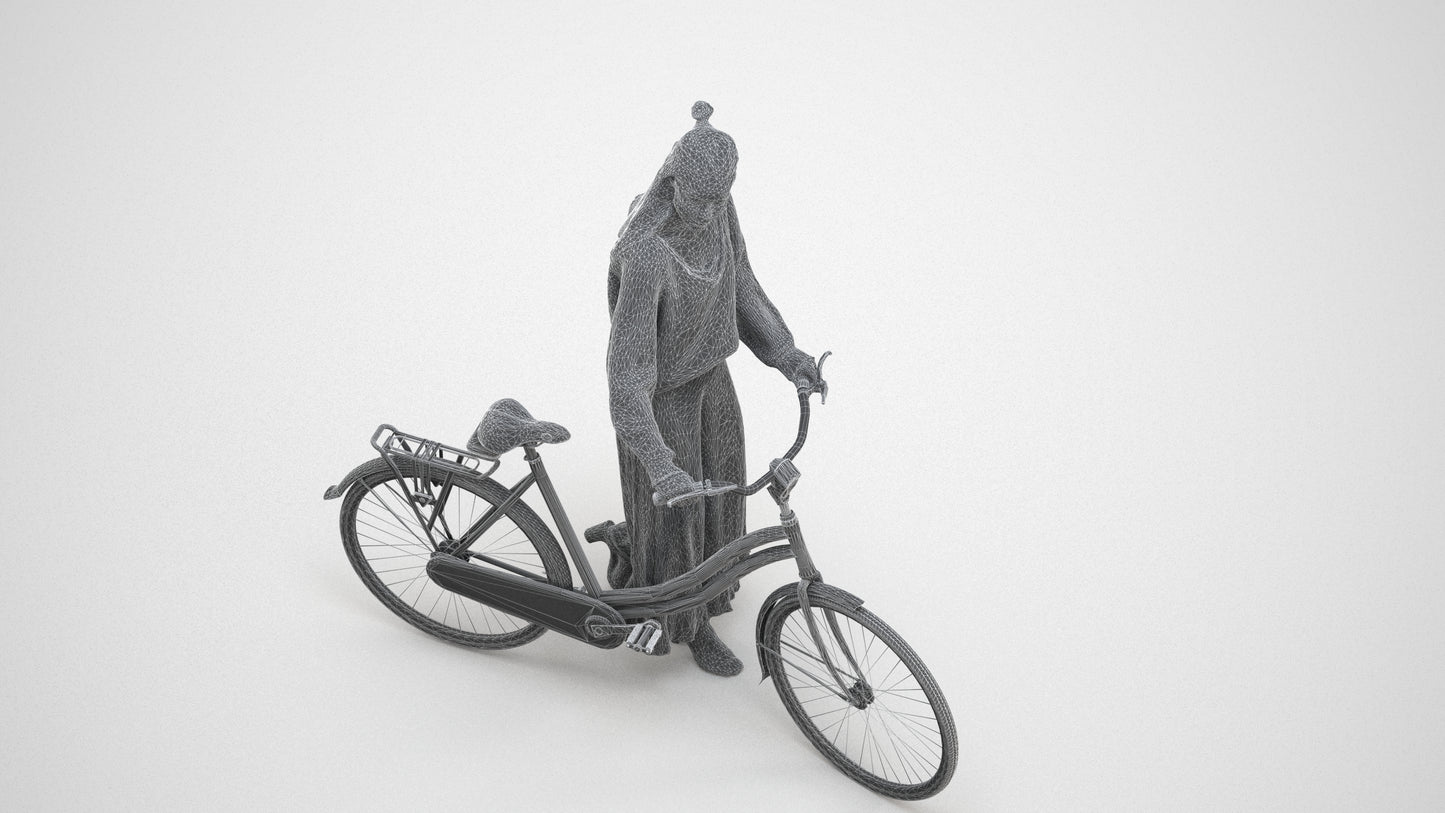 realistic 3D human woman casual cycling, archviz people FBX OBJ for Blender, wireframe three-quarter view