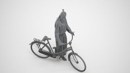 realistic 3D human woman casual cycling, archviz people FBX OBJ for Blender, wireframe three-quarter view