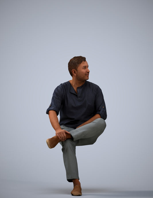 photogrammetry 3D man casual sitting, realistic human model archviz FBX