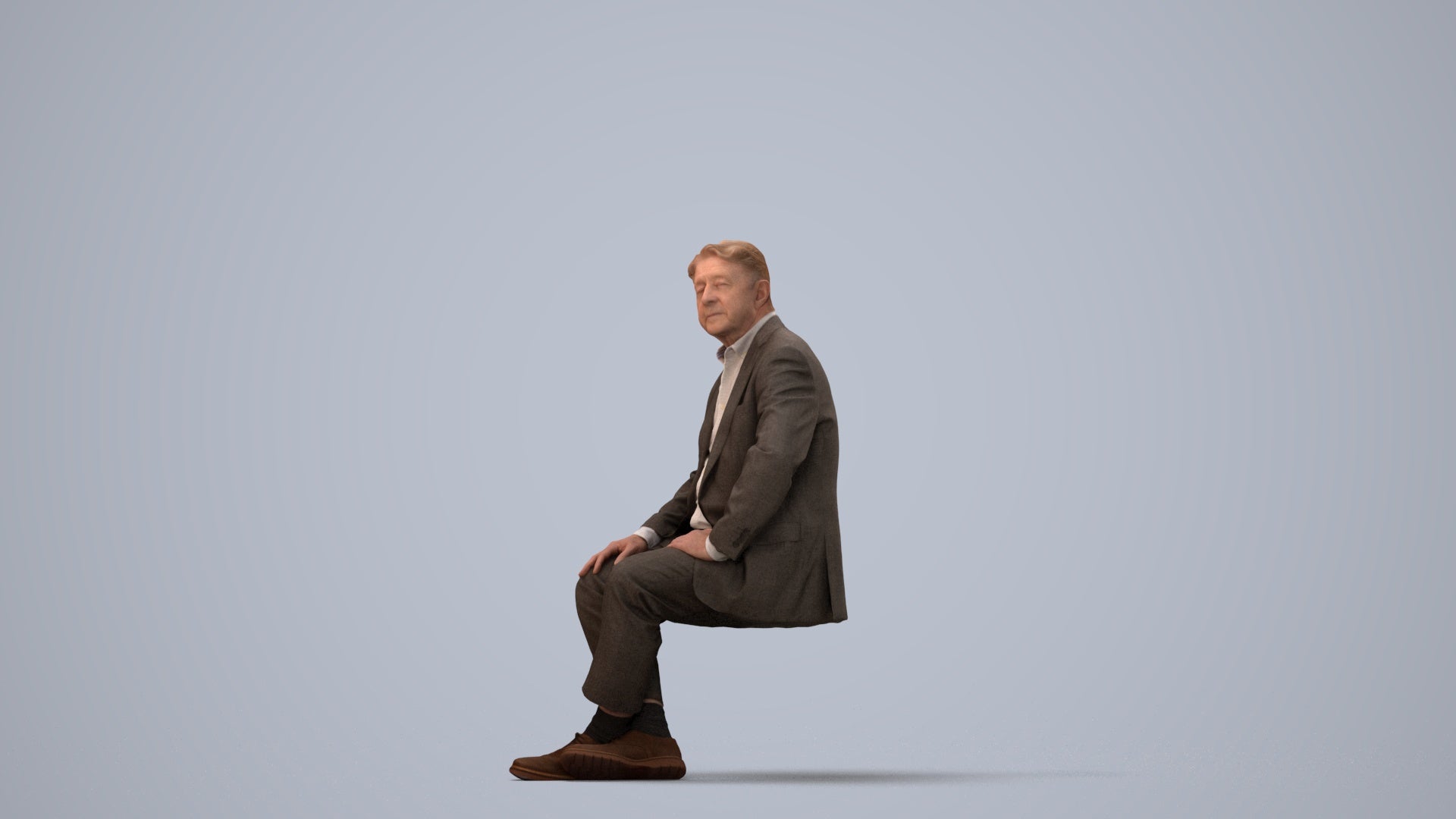 3D people model senior man business sitting, scanned human for 3ds Max rendering, three-quarter view render
