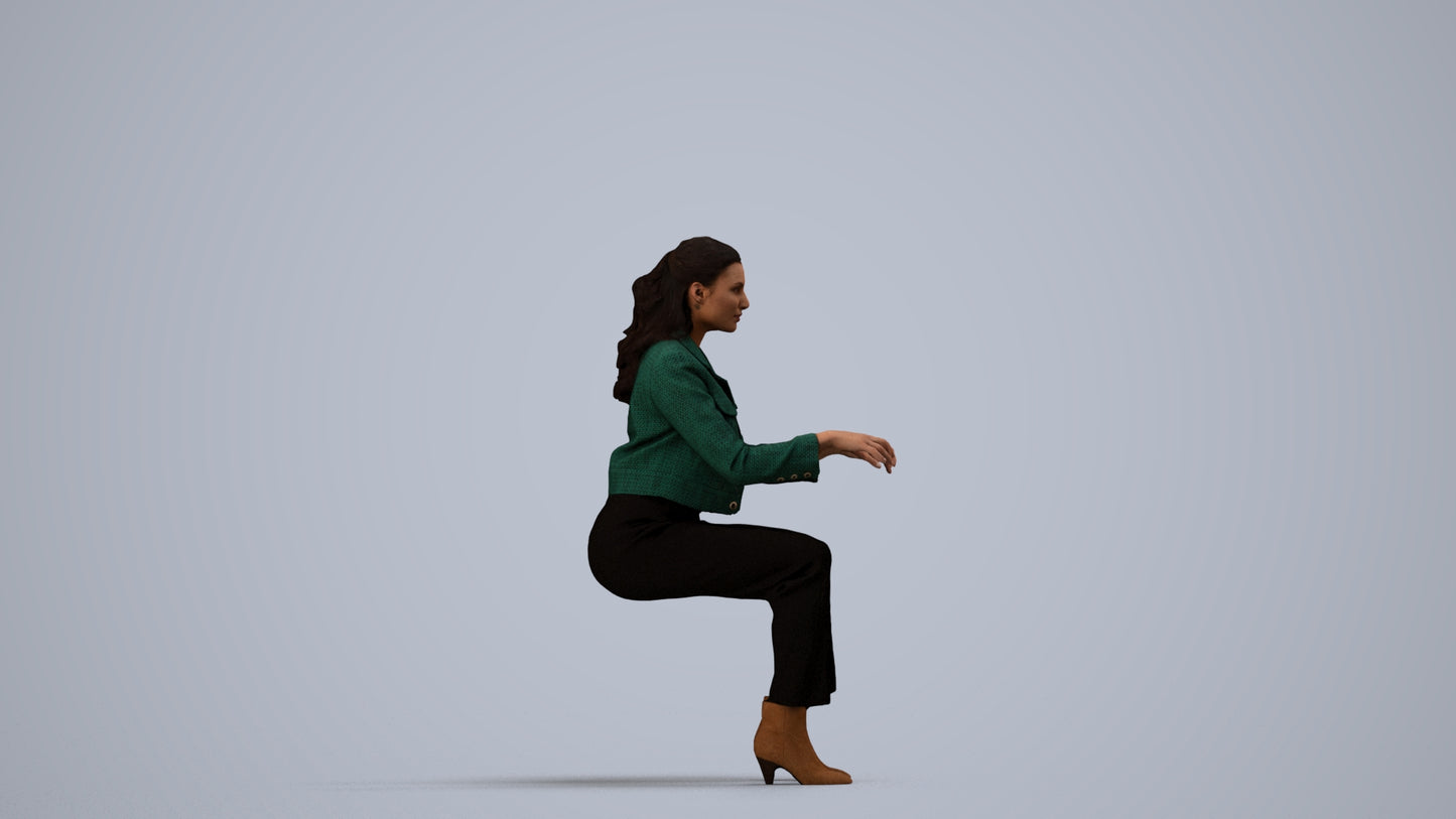 3D human model woman business sitting, photogrammetry scanned person for archviz, side view render