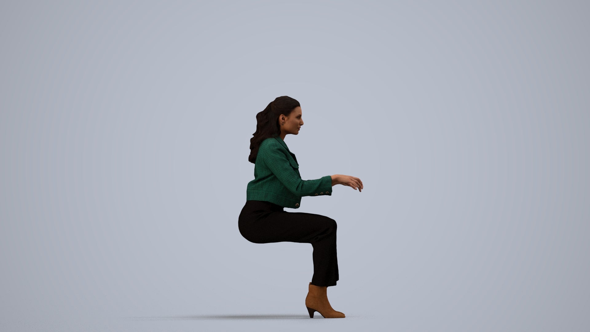 3D human model woman business sitting, photogrammetry scanned person for archviz, side view render