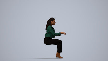 3D human model woman business sitting, photogrammetry scanned person for archviz, side view render