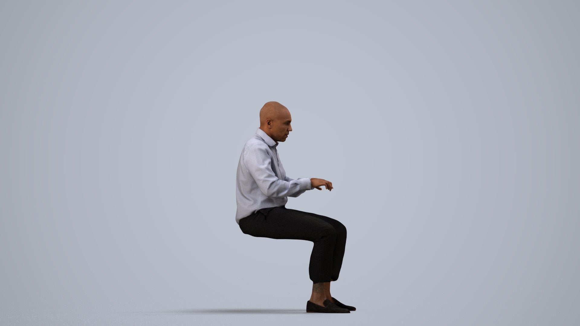 3D human model man business, photogrammetry scanned person for archviz, side view render