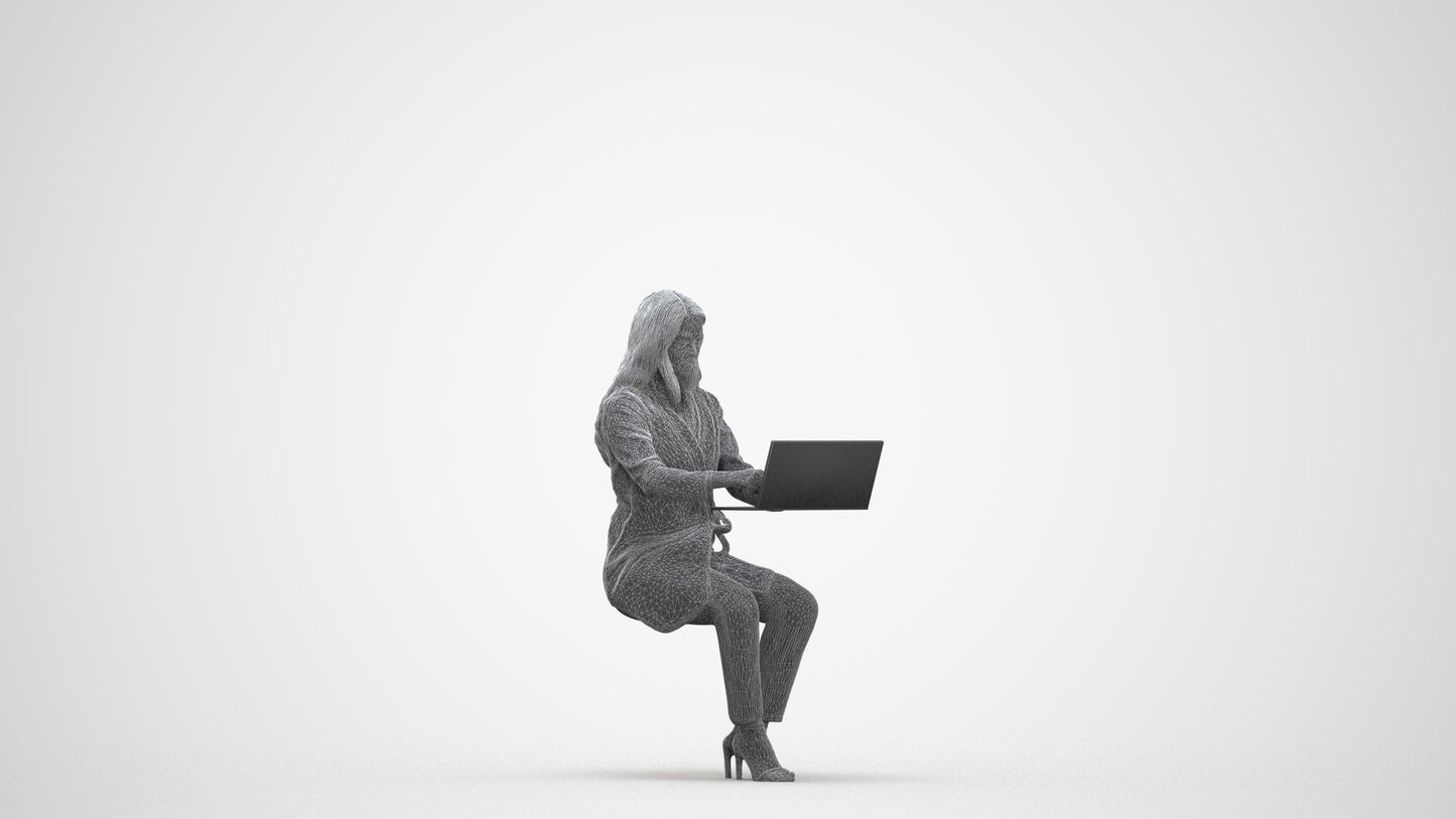 scanned 3D woman business sitting, photogrammetry people for Enscape and V-Ray, three-quarter front view render