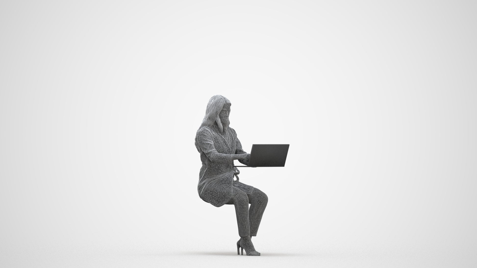 scanned 3D woman business sitting, photogrammetry people for Enscape and V-Ray, three-quarter front view render