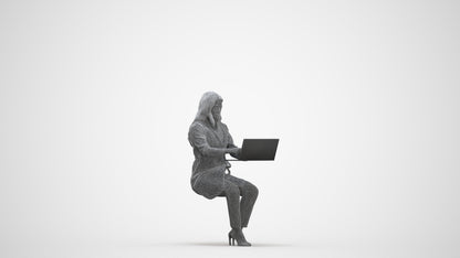 scanned 3D woman business sitting, photogrammetry people for Enscape and V-Ray, three-quarter front view render
