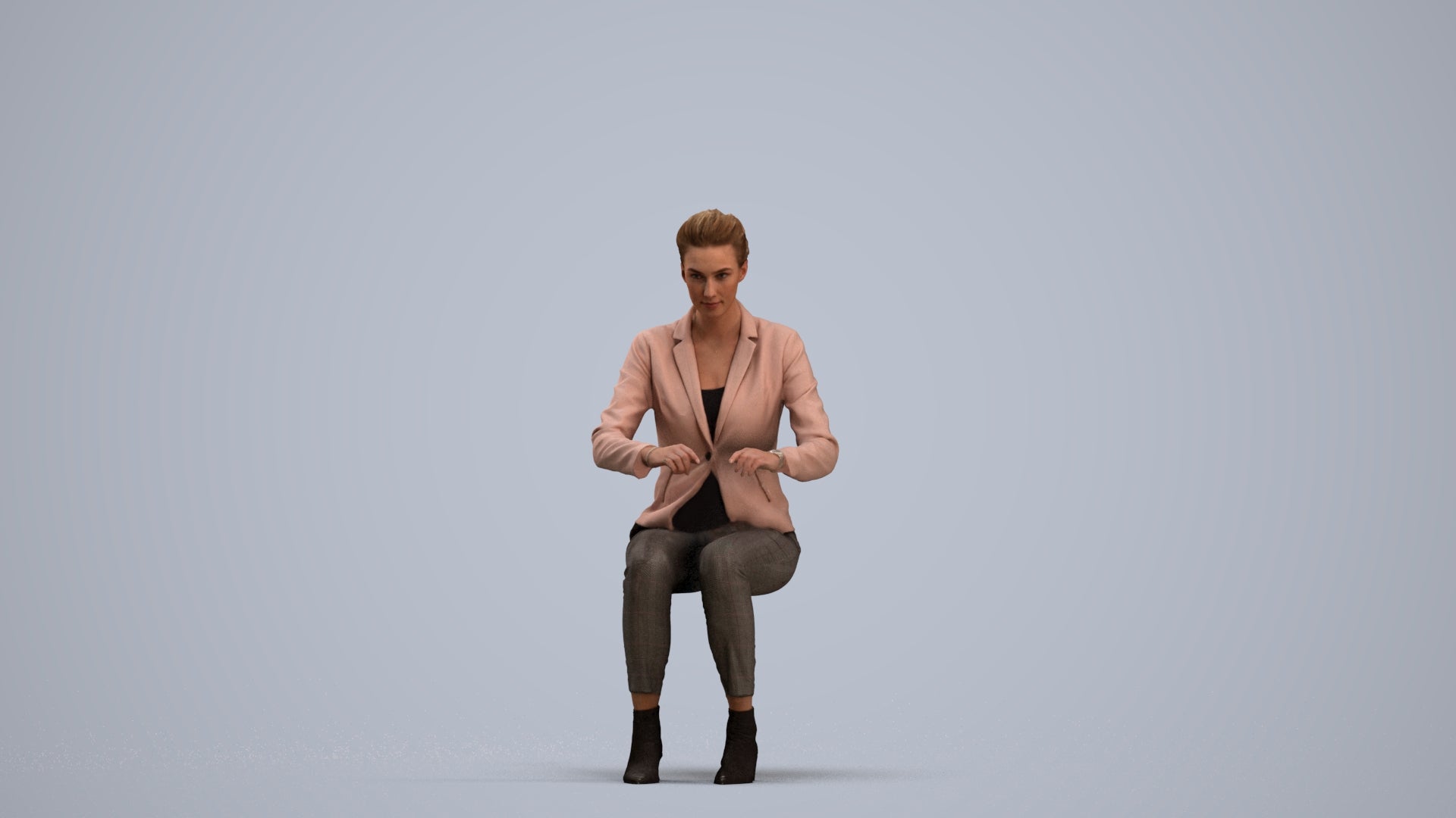 3D human model woman business, photogrammetry scanned person for archviz, standing pose render