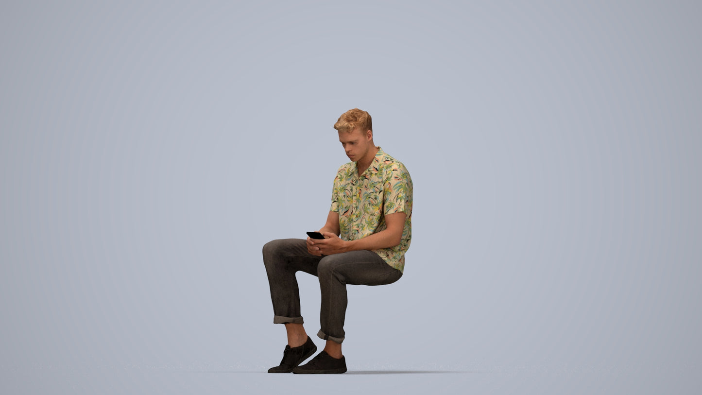 realistic 3D human man casual sitting, archviz people FBX OBJ for Blender, top-down view render