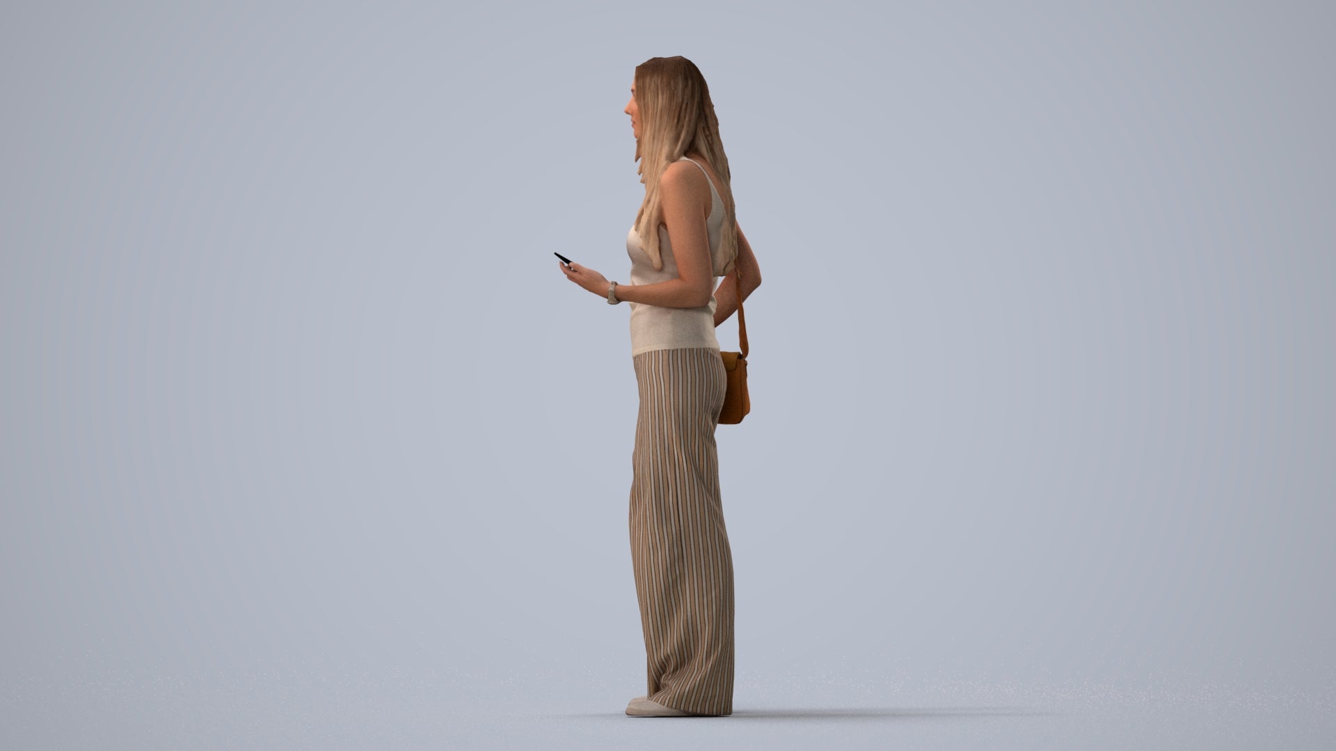 realistic 3D people woman casual standing, render-ready for V-Ray and Corona, FBX OBJ, three-quarter view render