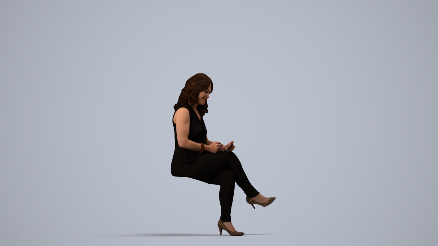 realistic 3D woman casual sitting, scanned archviz people for Blender and 3ds Max, side view render
