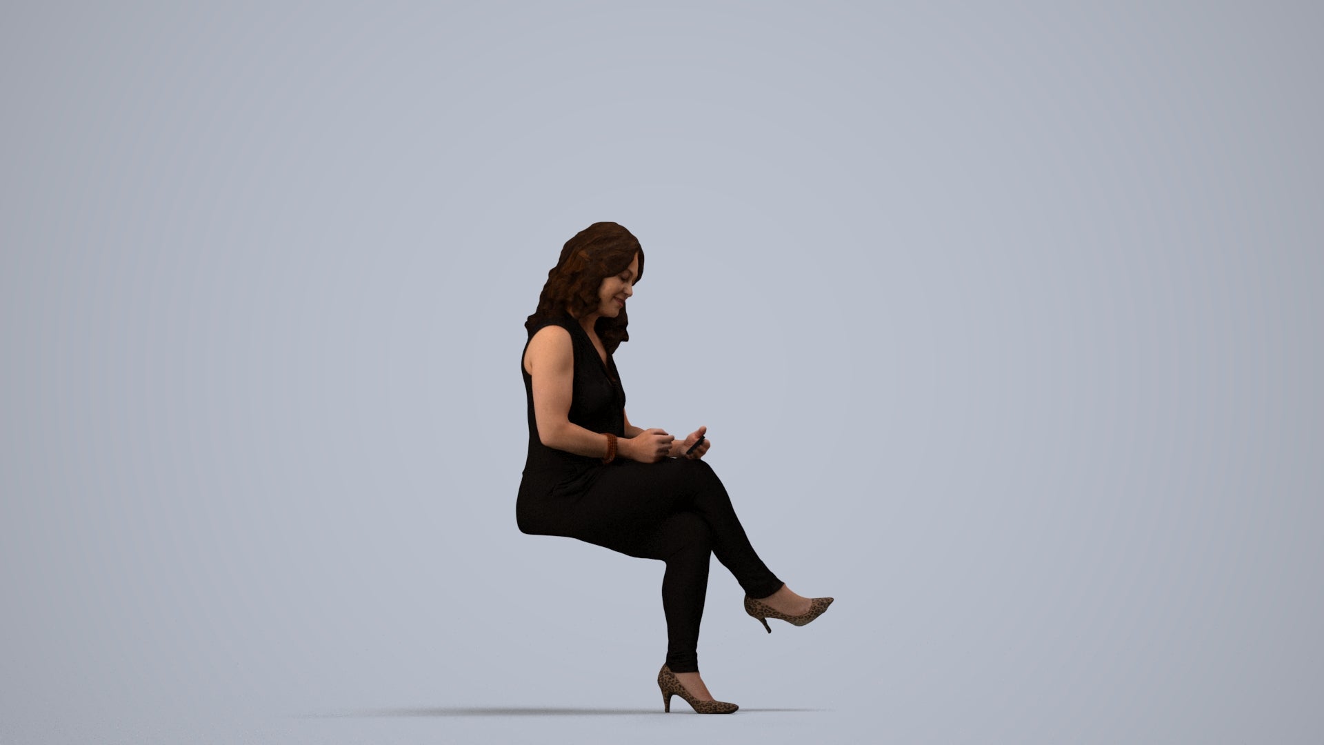 realistic 3D woman casual sitting, scanned archviz people for Blender and 3ds Max, side view render