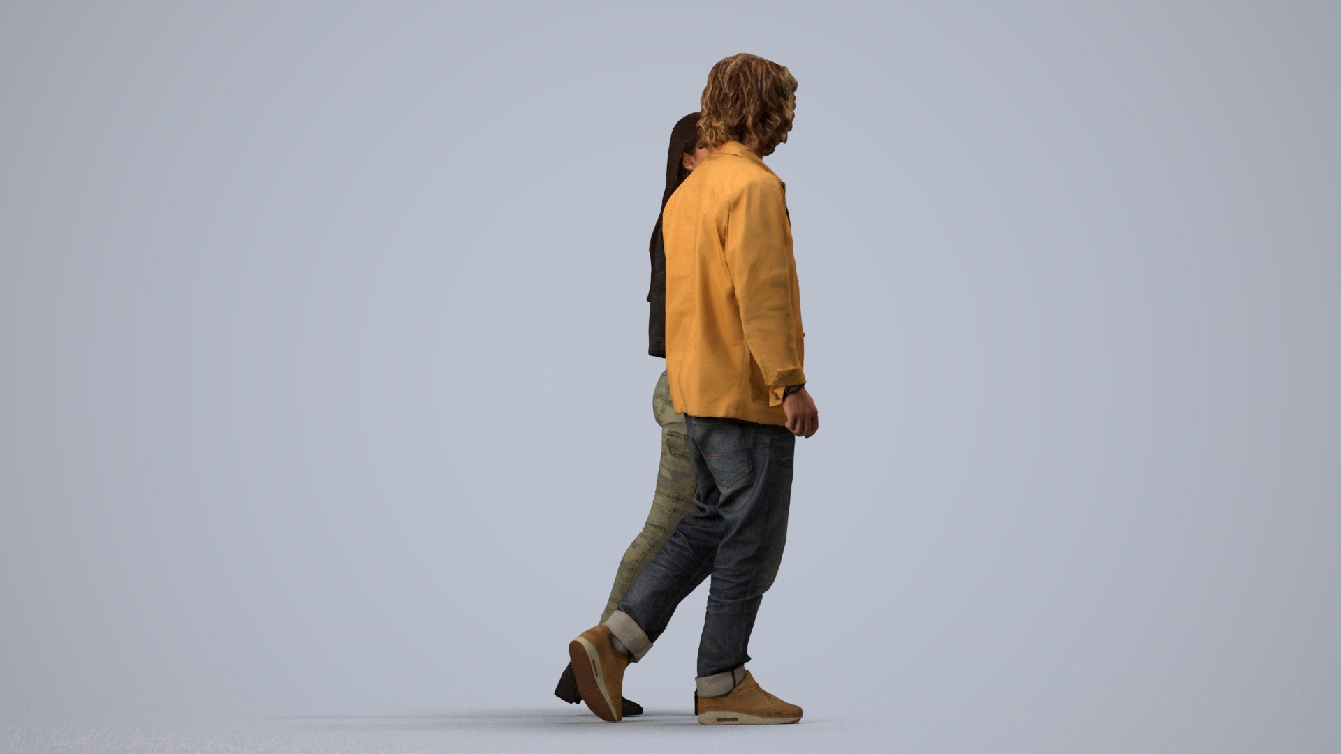 3D human model woman casual mix, photogrammetry scanned person for archviz, side view render