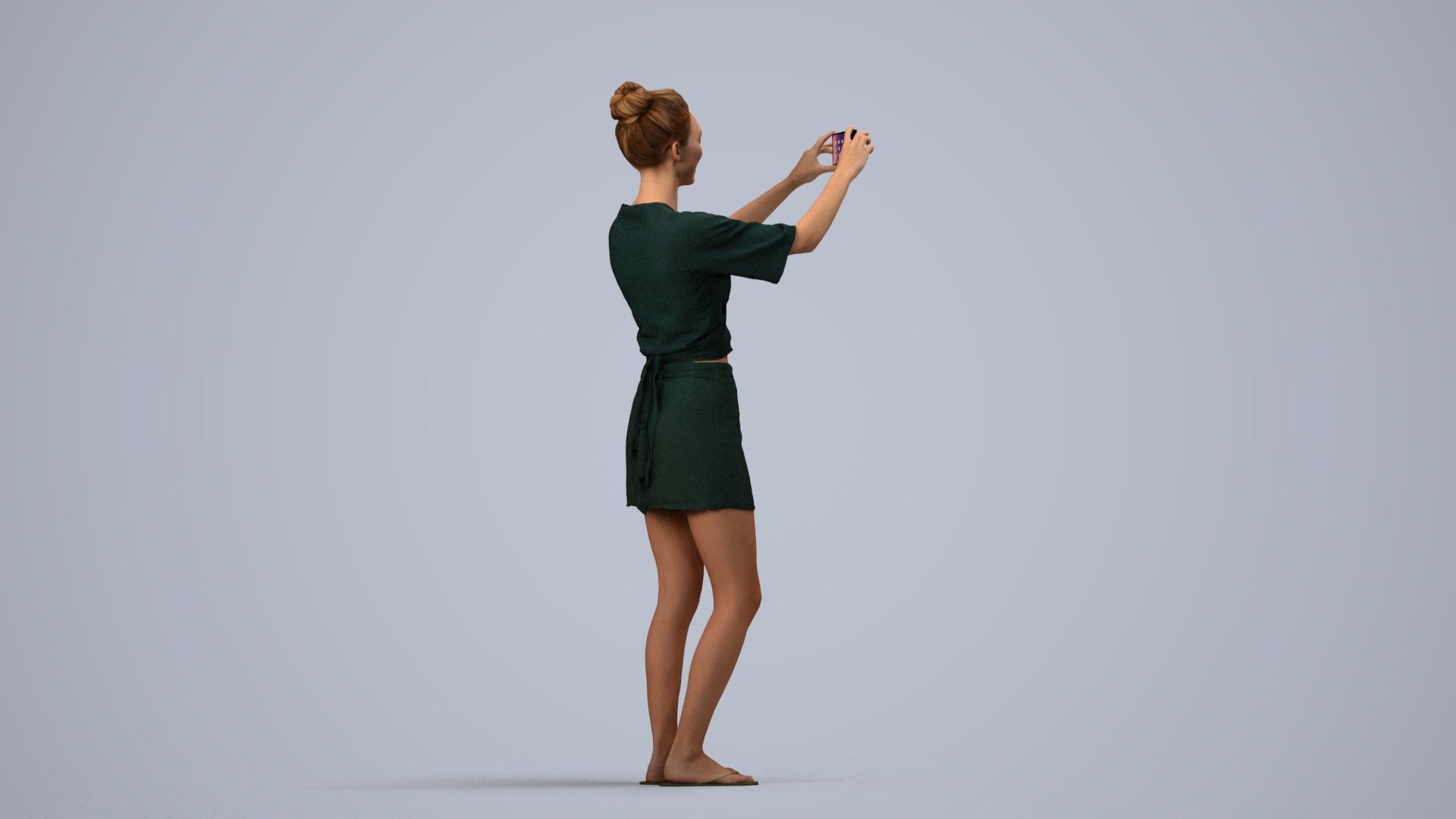 3D human model woman casual standing, photogrammetry scanned person for archviz, side view render