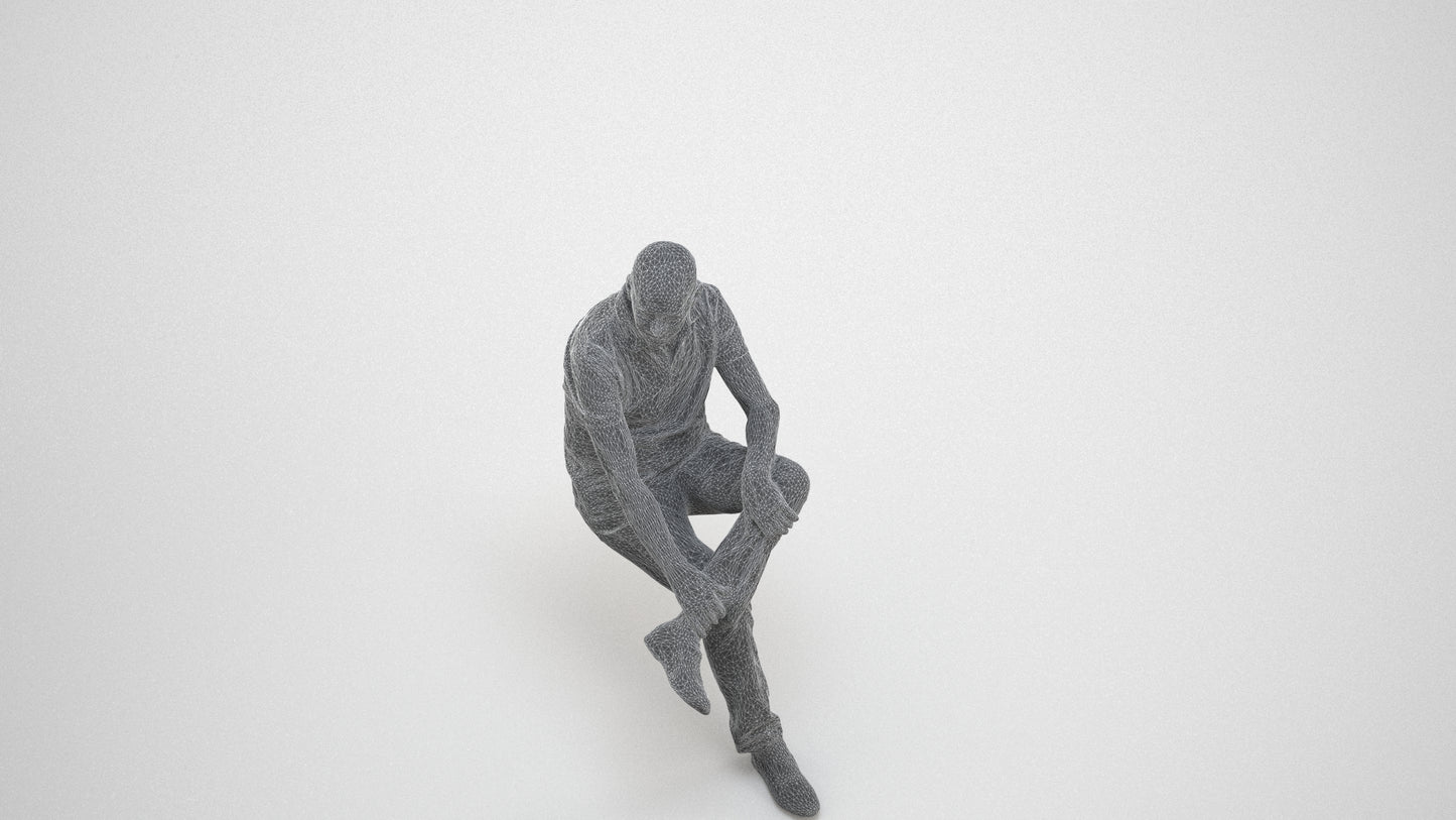 3D scanned senior man sitting casual, photorealistic archviz people for Enscape and SketchUp, wireframe three-quarter view