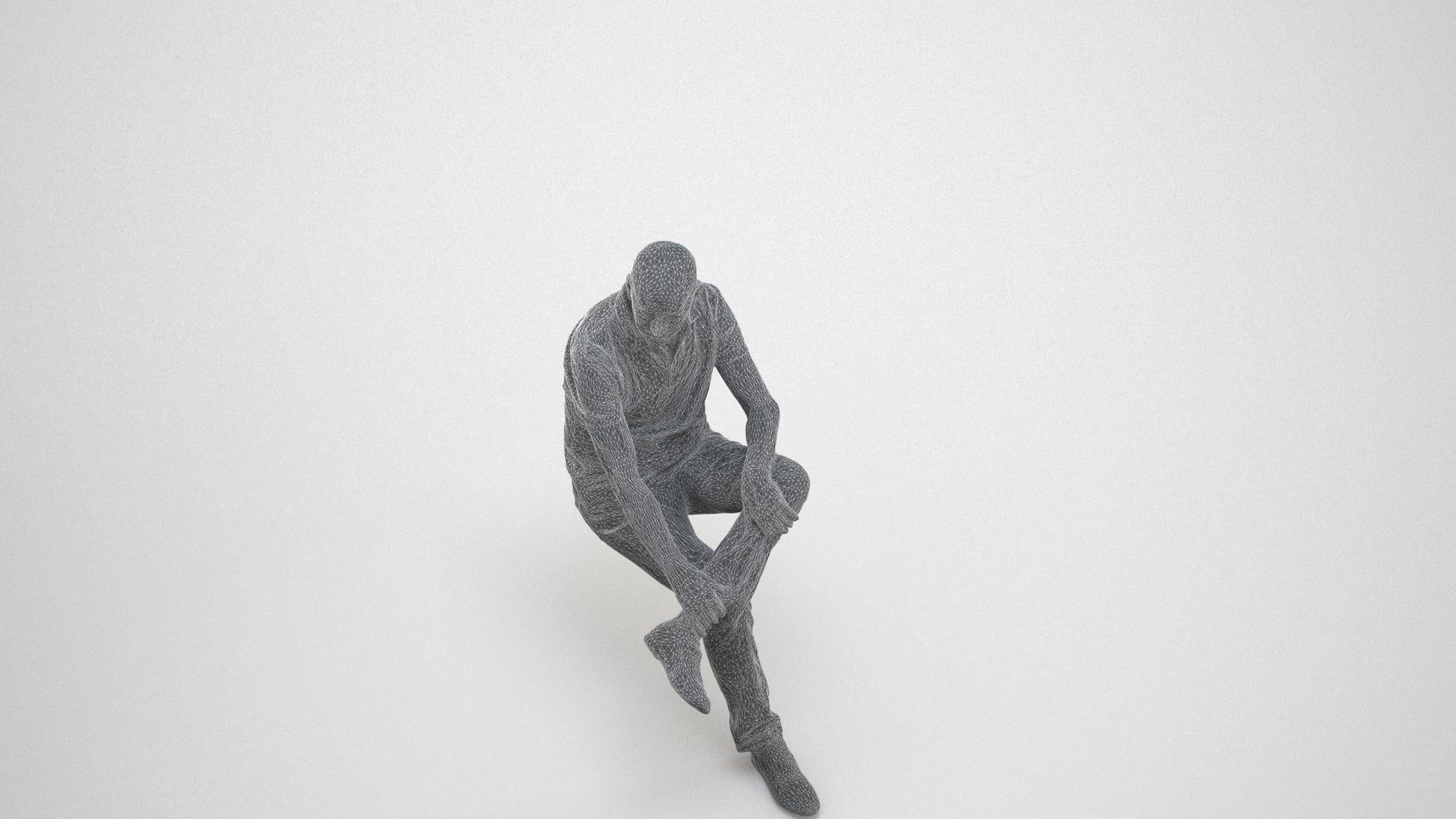3D scanned senior man sitting casual, photorealistic archviz people for Enscape and SketchUp, wireframe three-quarter view