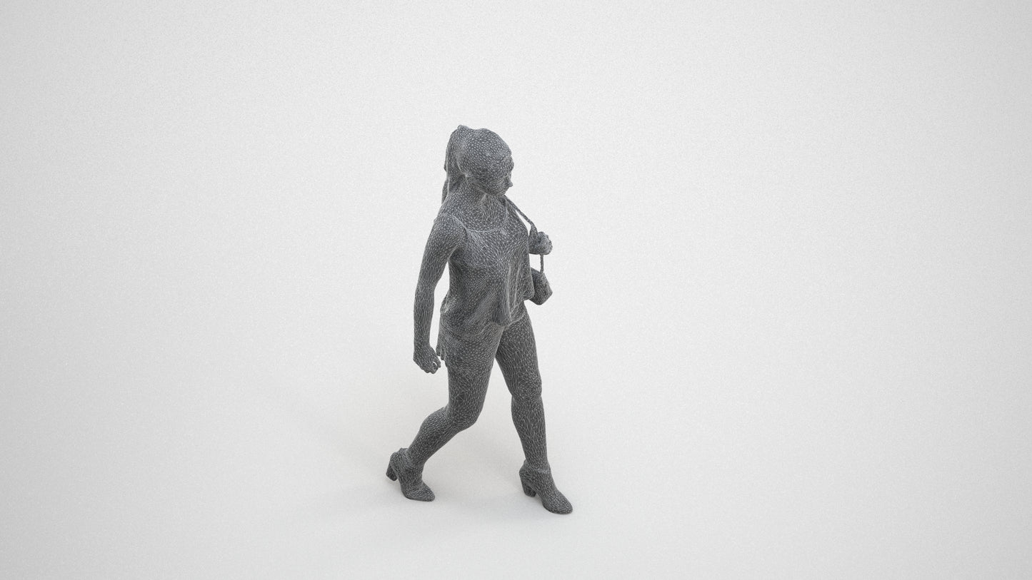 realistic 3D people girl casual walking, render-ready for V-Ray and Corona, FBX OBJ, wireframe three-quarter view