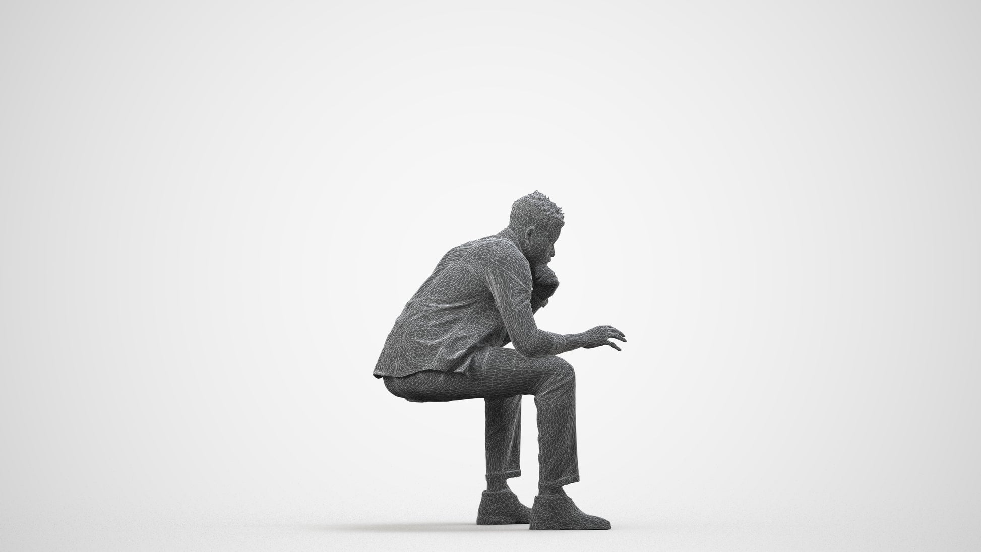 3D human model man casual sitting, photogrammetry scanned person for archviz, wireframe side view