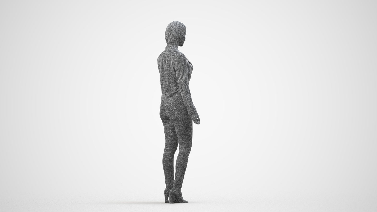 3D people model woman business standing, scanned human for 3ds Max rendering, wireframe side view