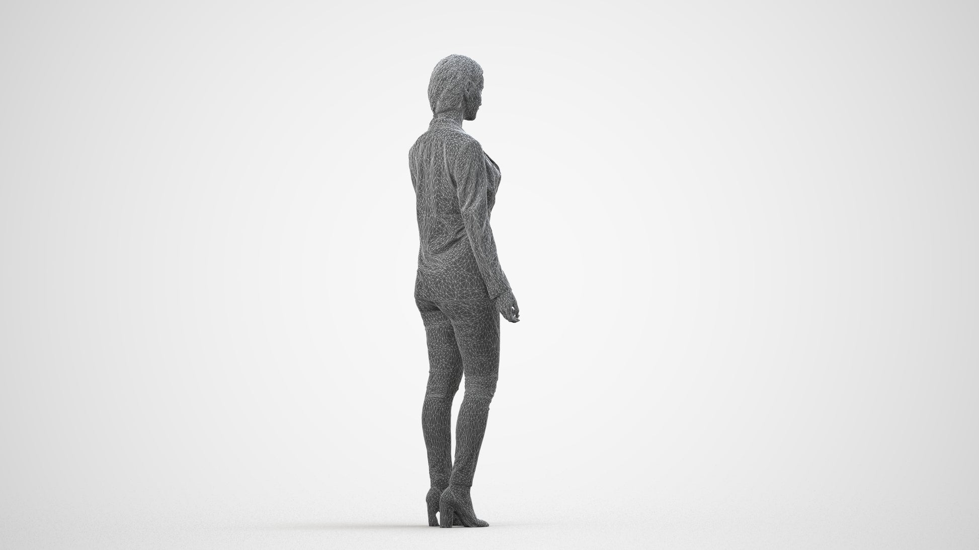 3D people model woman business standing, scanned human for 3ds Max rendering, wireframe side view