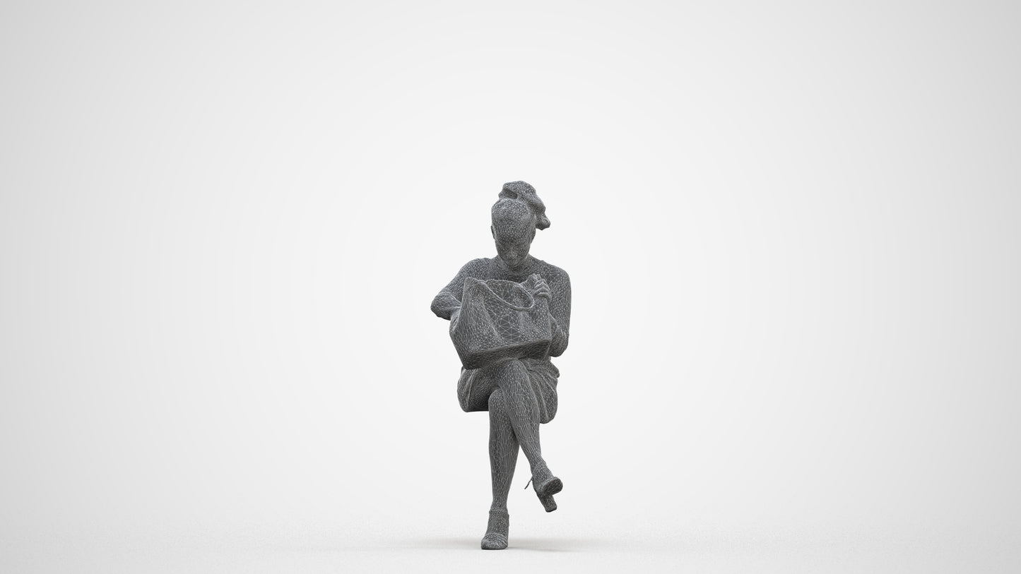 3D people model woman casual sitting, scanned human for 3ds Max rendering, three-quarter front view render
