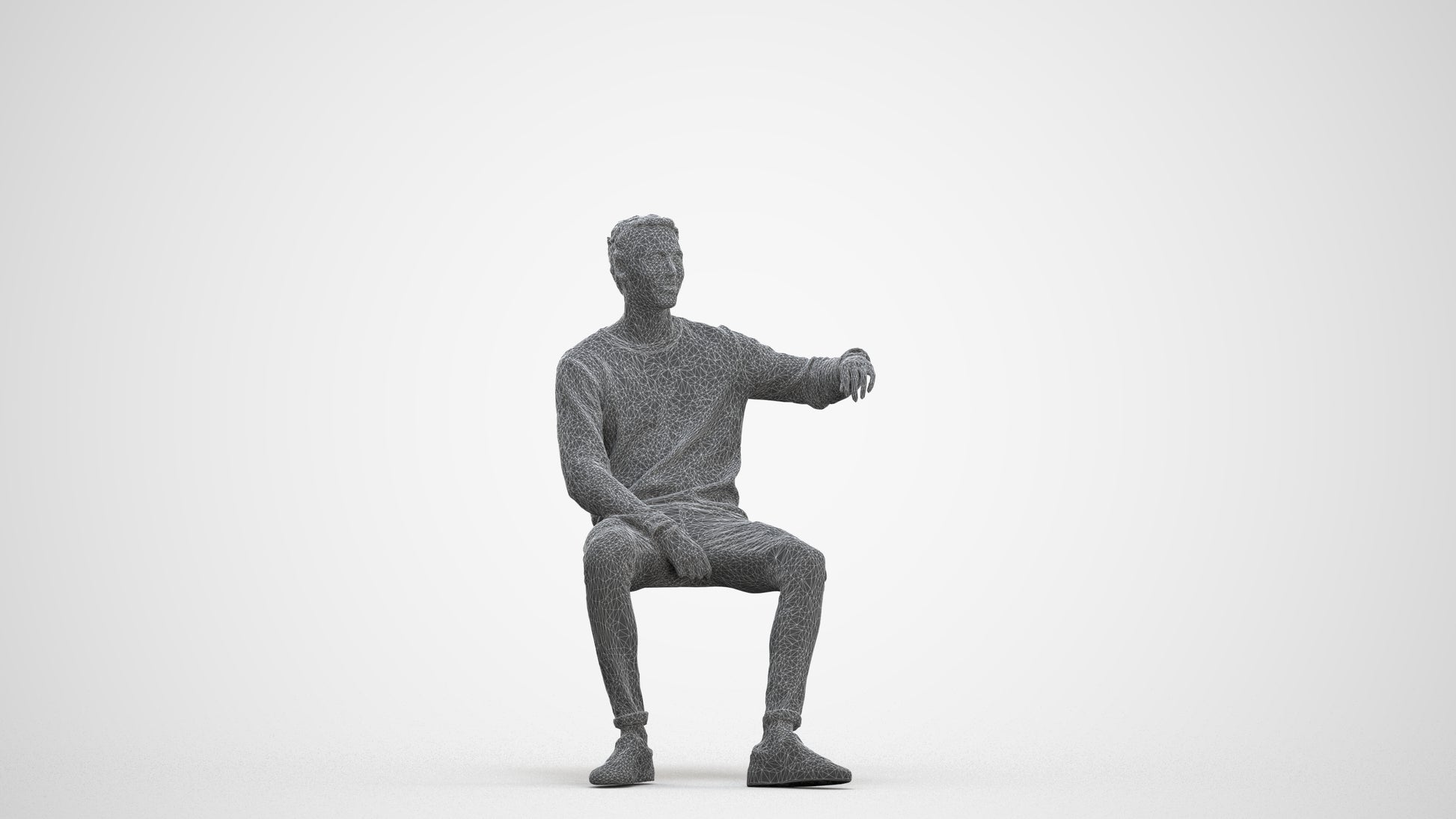 photogrammetry 3D man casual sitting, realistic human model archviz FBX, three-quarter front view render