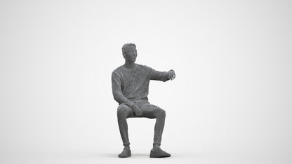 photogrammetry 3D man casual sitting, realistic human model archviz FBX, three-quarter front view render