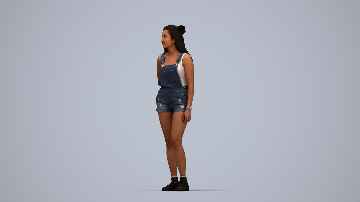 3D human model woman casual standing, photogrammetry scanned person for archviz, top-down view render