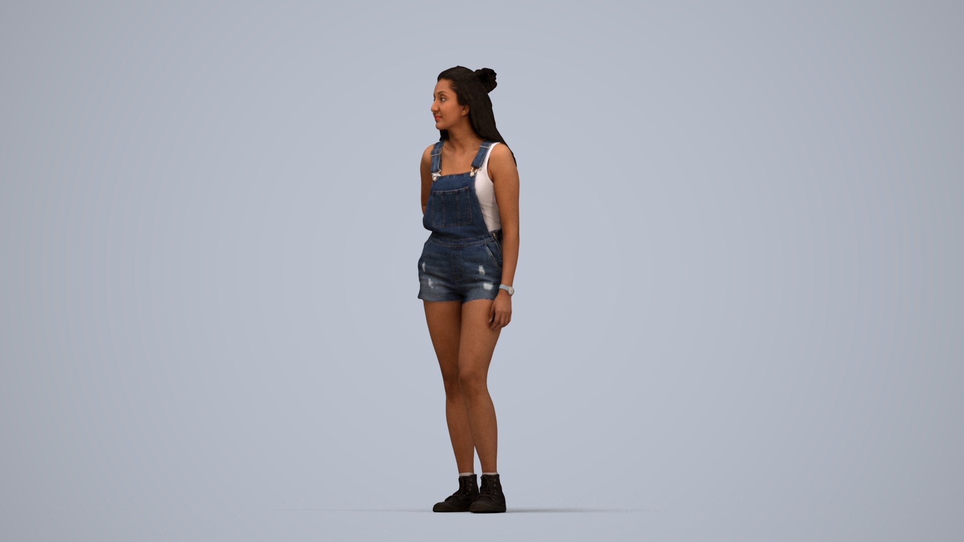 3D human model woman casual standing, photogrammetry scanned person for archviz, top-down view render