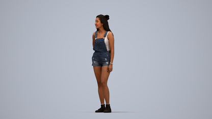 3D human model woman casual standing, photogrammetry scanned person for archviz, top-down view render