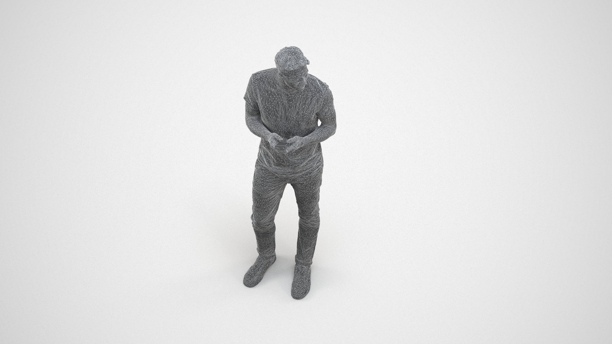 3D human model man casual standing, photogrammetry scanned person for archviz, wireframe three-quarter view