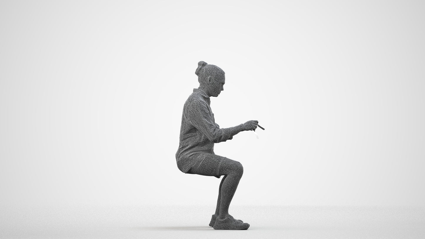 3D people model man casual sitting, scanned human for 3ds Max rendering, wireframe side view