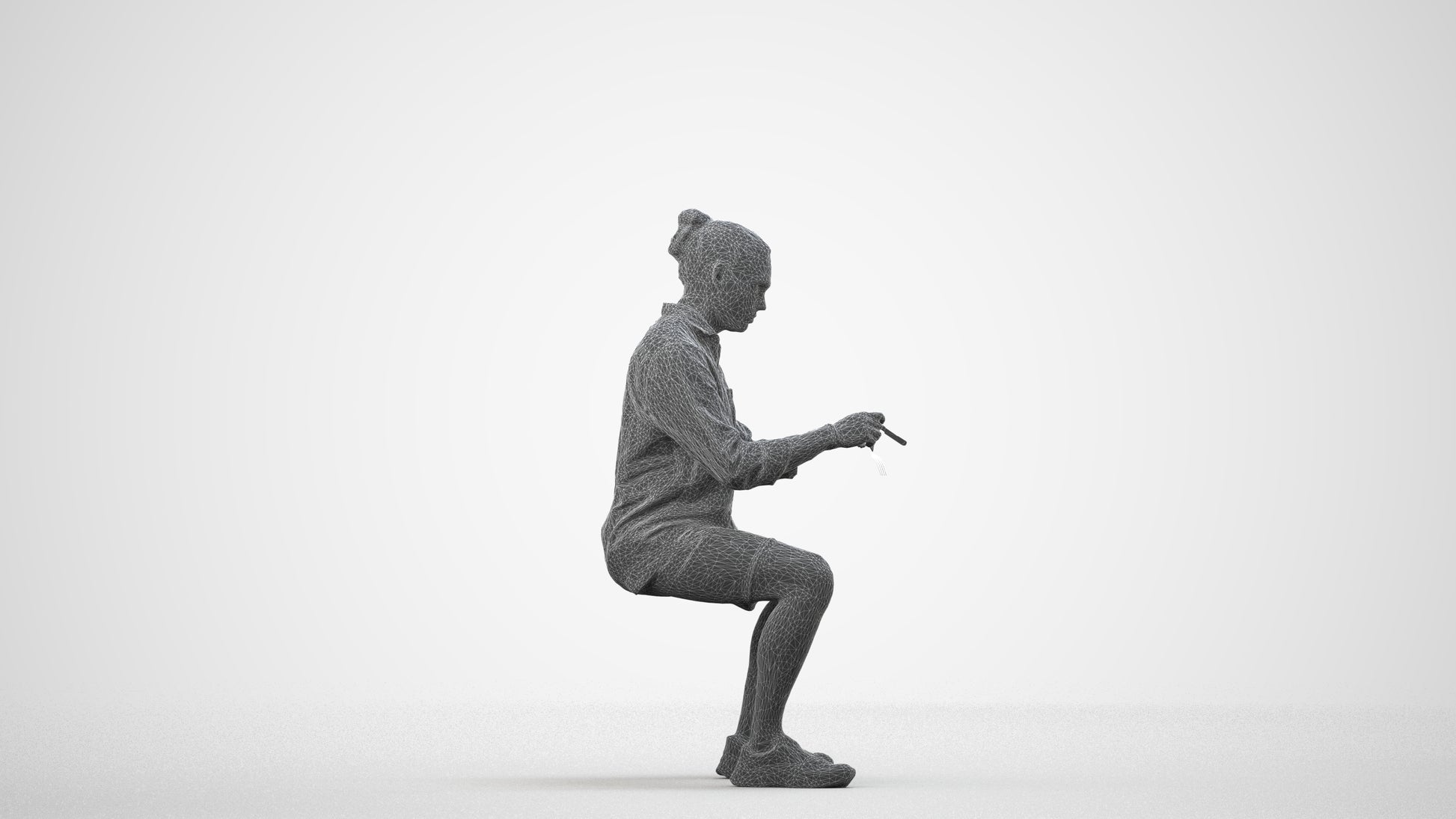 3D people model man casual sitting, scanned human for 3ds Max rendering, wireframe side view