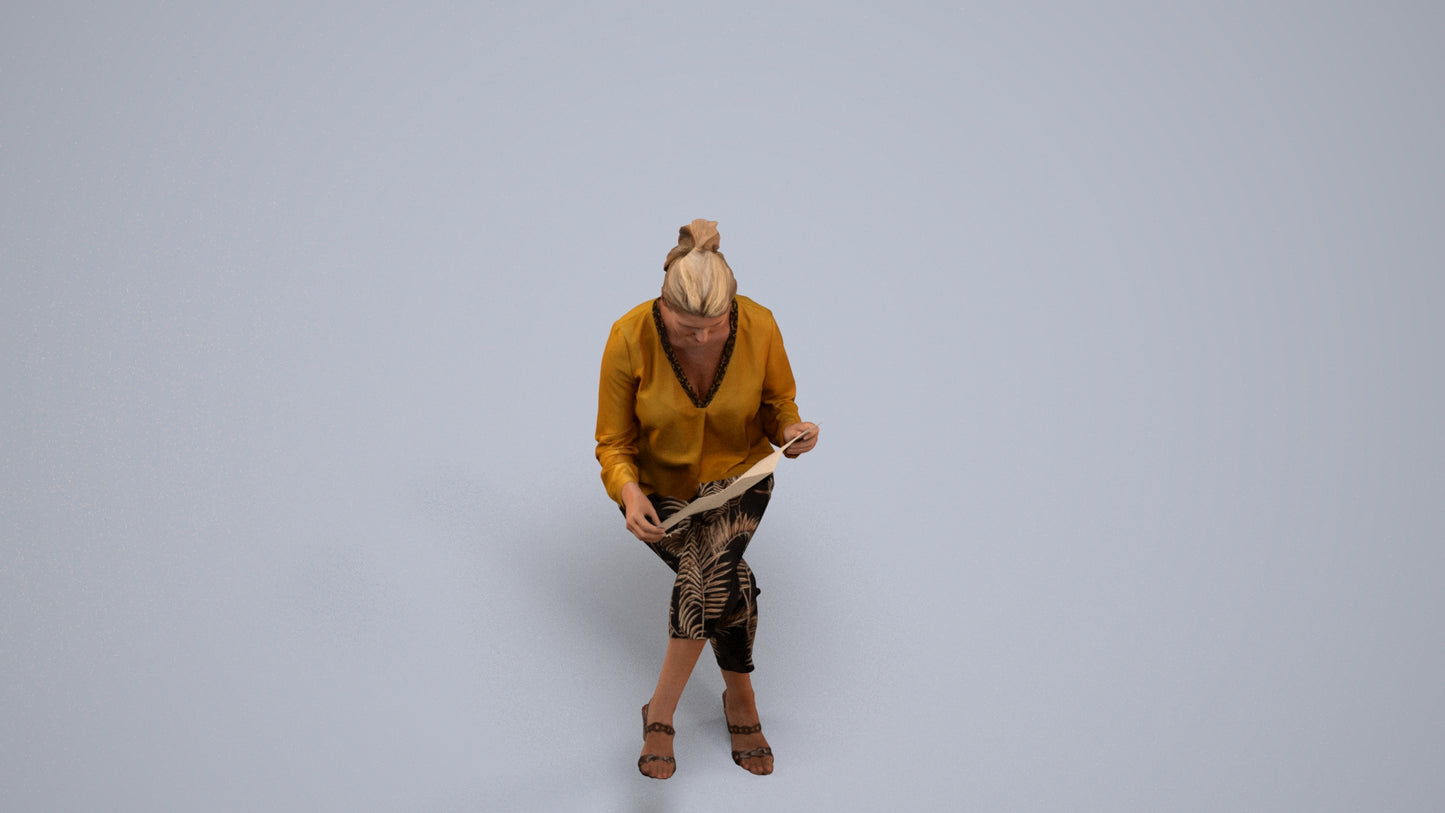 3D people model woman casual sitting, scanned human for 3ds Max rendering, back view render