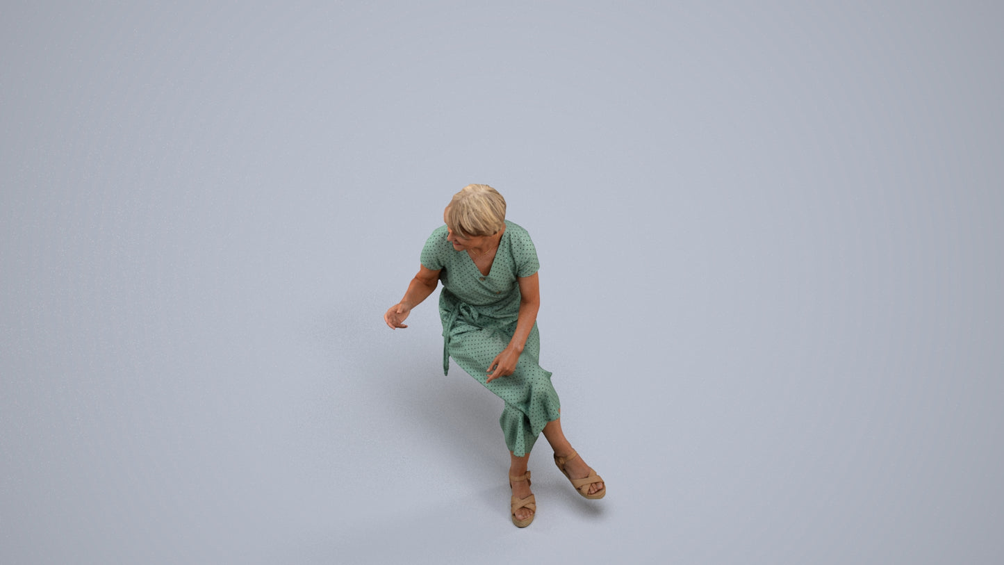 photogrammetry 3D senior woman casual sitting, realistic human model archviz FBX, back view render