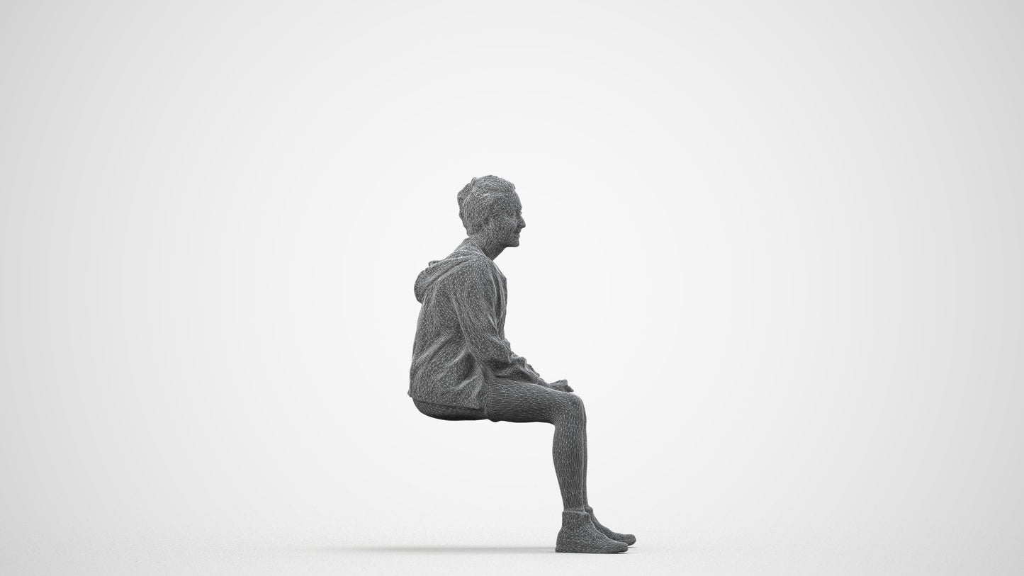 3D scanned woman sitting casual, photorealistic archviz people for Enscape and SketchUp, wireframe side view