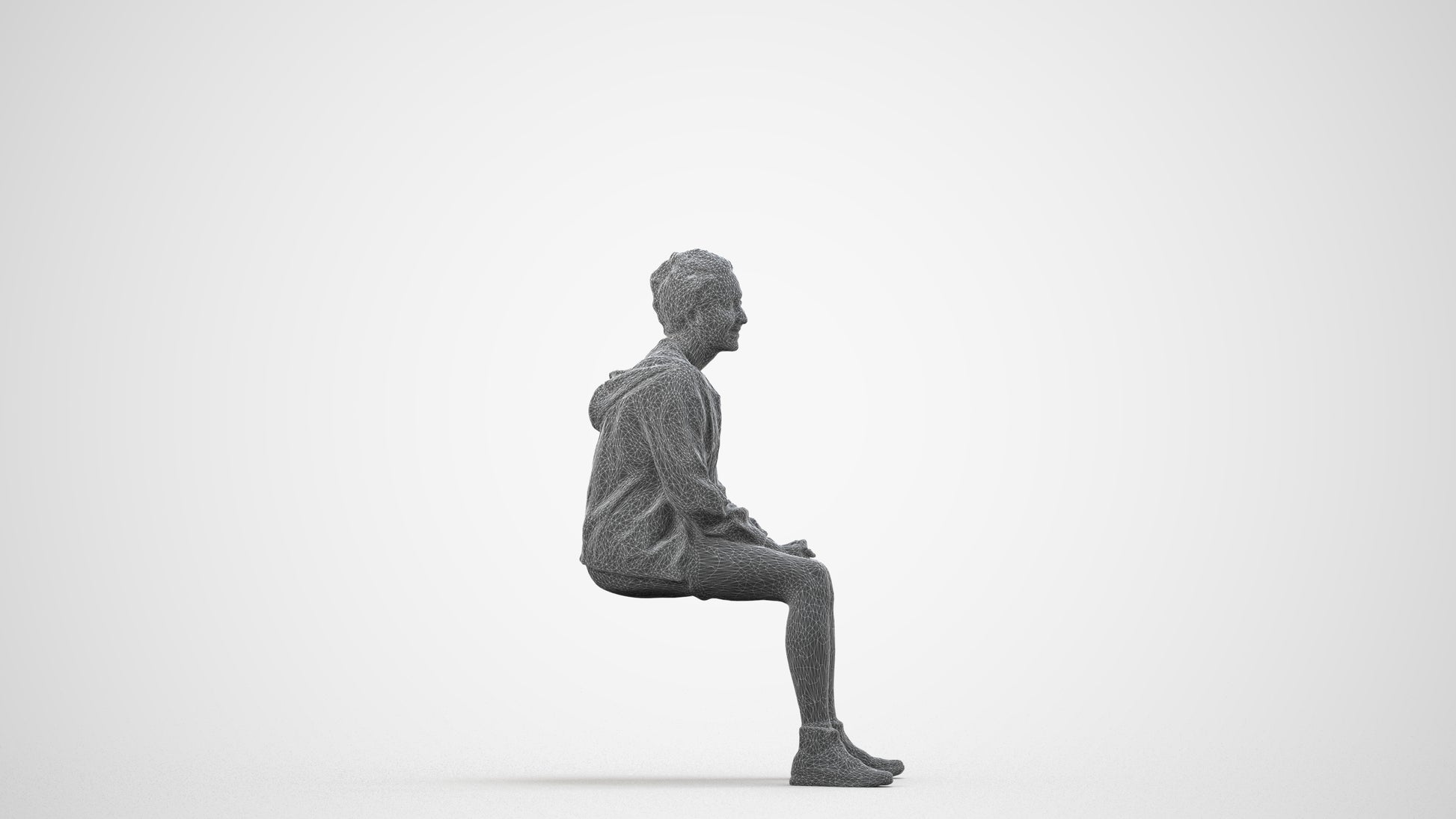 3D scanned woman sitting casual, photorealistic archviz people for Enscape and SketchUp, wireframe side view