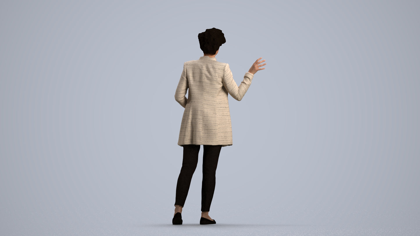 3D human model woman business, photogrammetry scanned person for archviz, front view render