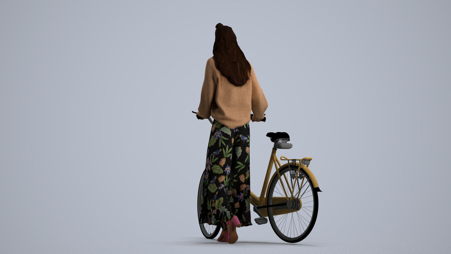 realistic 3D human woman casual cycling, archviz people FBX OBJ for Blender, front view render