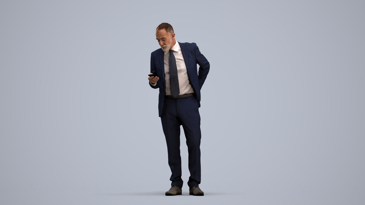 realistic 3D senior man business, scanned archviz people for Blender and 3ds Max, standing pose render