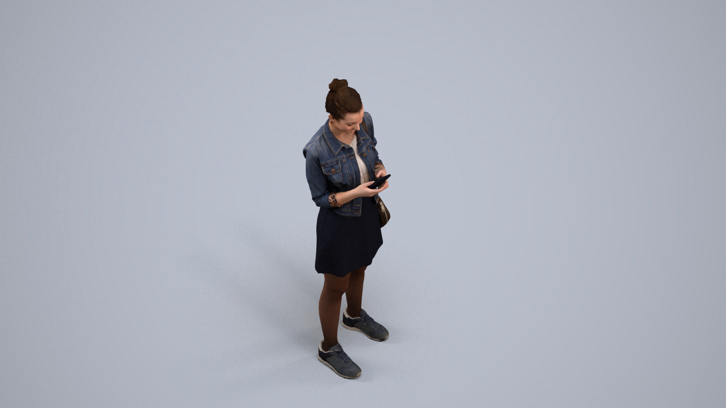 3D human model woman casual standing, photogrammetry scanned person for archviz, back view render