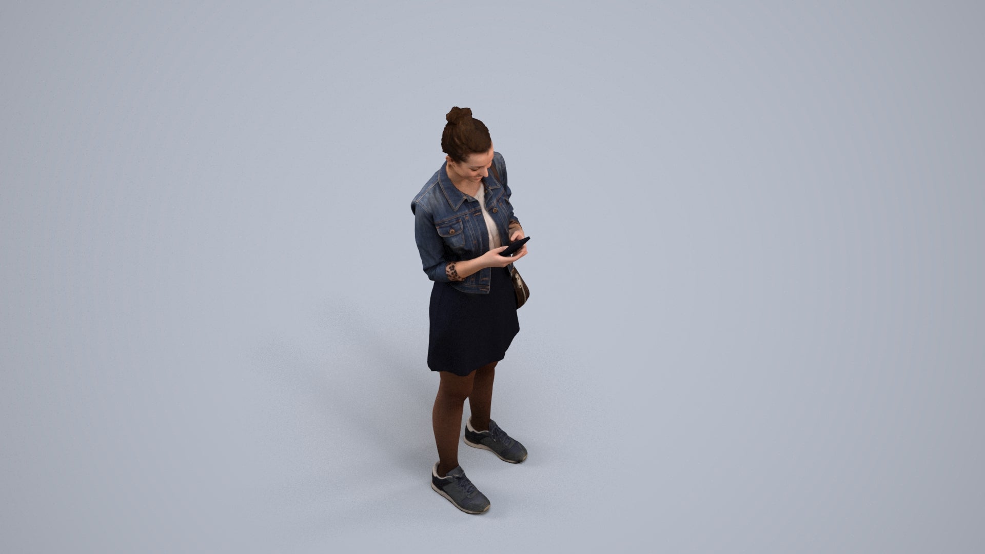 3D human model woman casual standing, photogrammetry scanned person for archviz, back view render