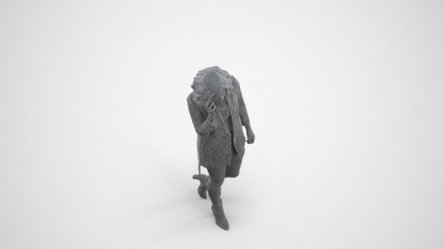 3D scanned woman walking business, photorealistic archviz people for Enscape and SketchUp, wireframe three-quarter view